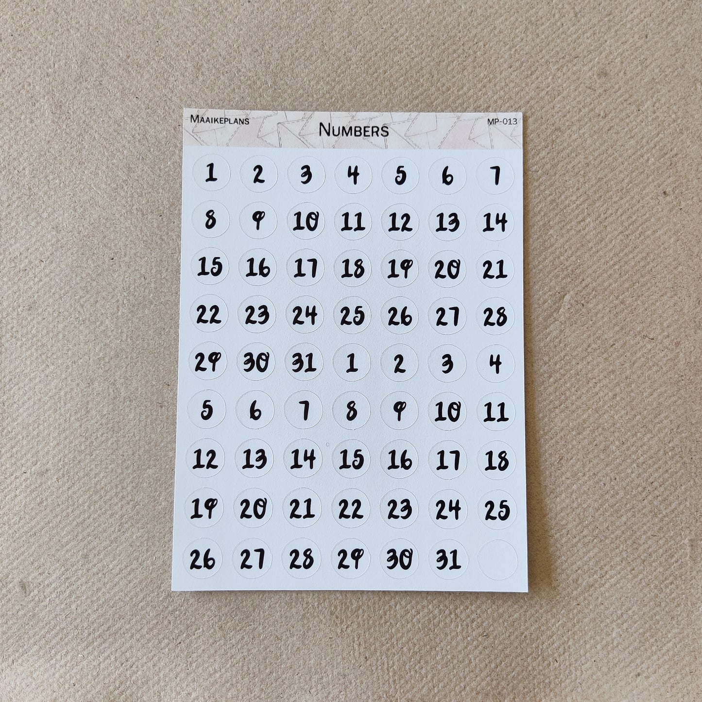 Numbers 1 - 31 sticker sheet
