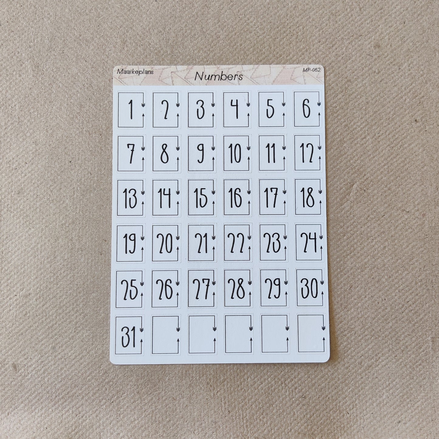 Numbers 1 - 31 sticker sheet