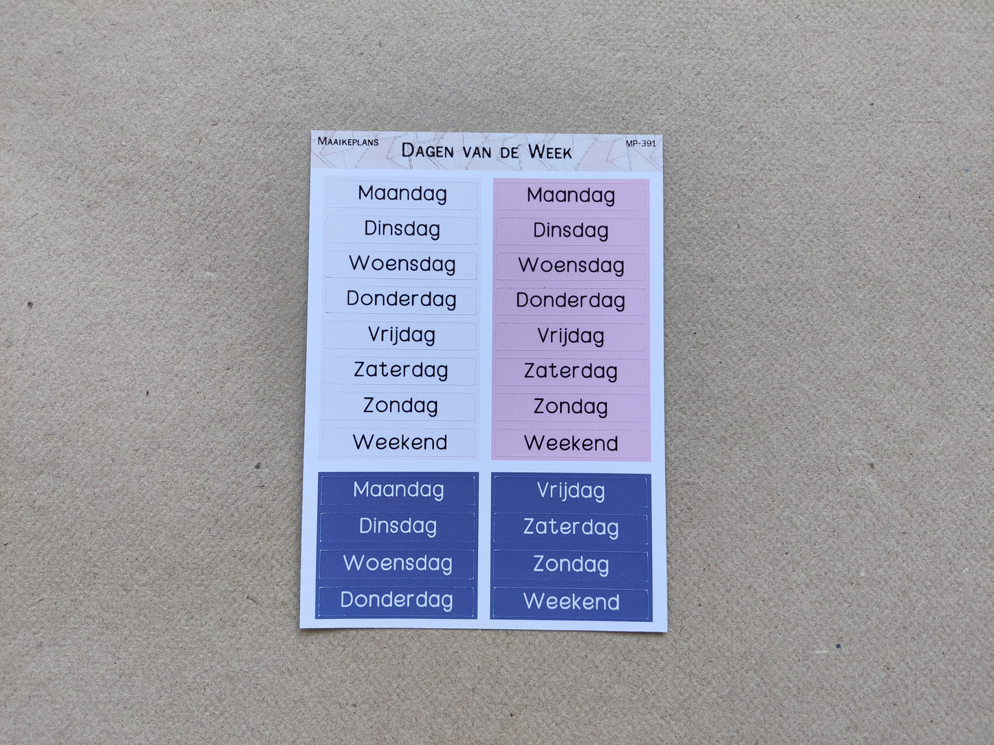 Dagen van de week stickervel - Lila (NL)