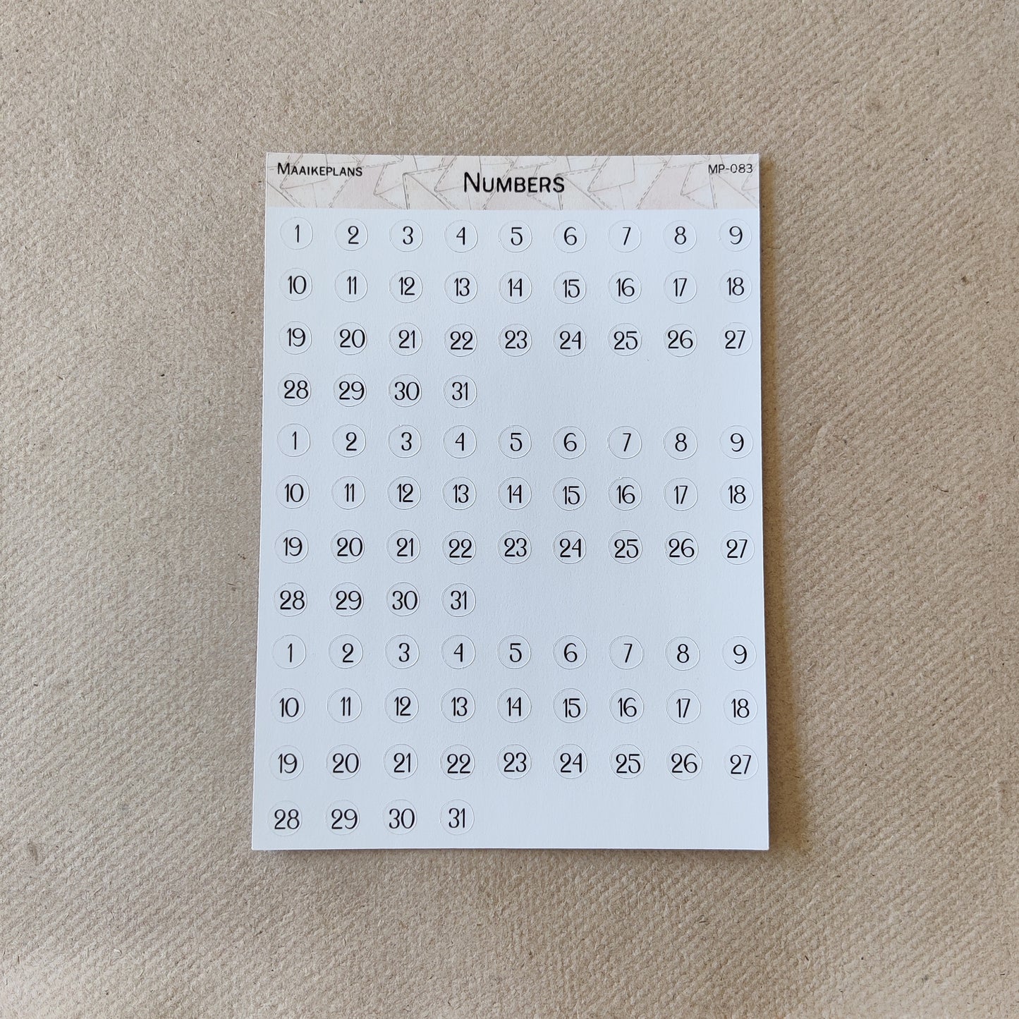 Numbers 1 - 31 sticker sheet